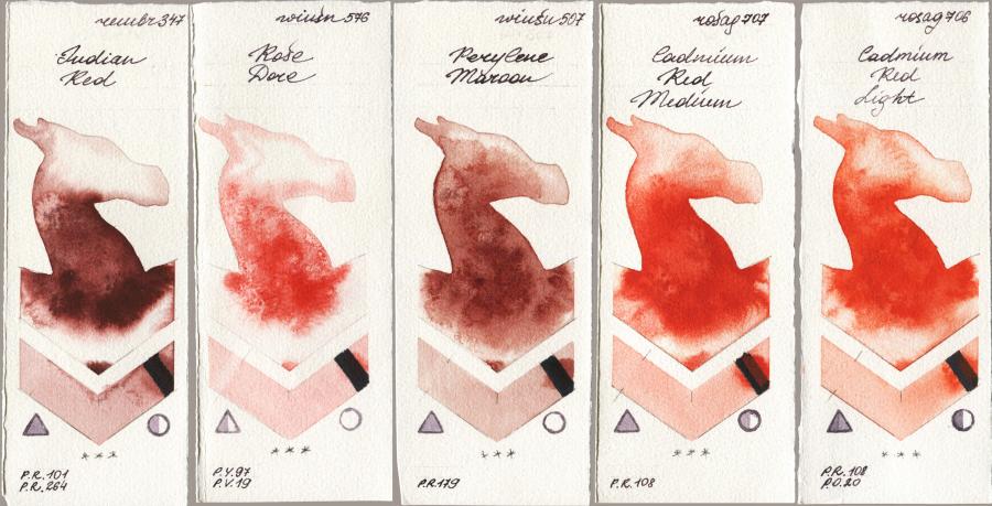 Royal Talens Rembrandt Watercolour 347 Indian Red vs Winsor & Newton Professional 576 Rose Dore vs 507 Perylene Maroon vs Rosa Gallery 707 Cadmium Red Medium vs 706 Cadmium Red Light watercolor swatch