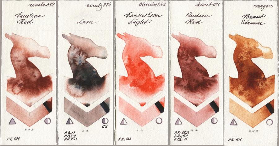 Royal Talens Rembrandt Watercolour 349 Venerian Red vs Roman Szmal Aquarius 384 Lava vs Shminke Horadam Aquarell 342 Vermilion Light vs Kuretake Gansai Tambi 071 Indian Red vs Rosa Gallery 733 Burnt Sienna watercolor swatch