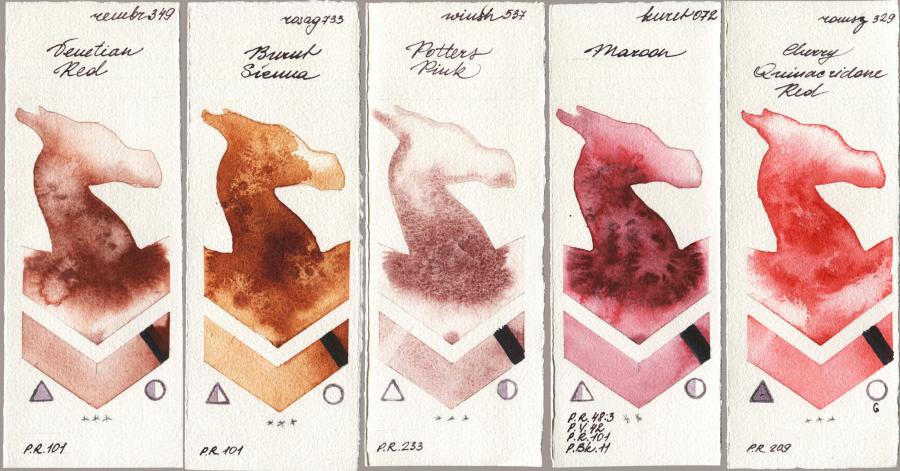 Royal Talens Rembrandt Watercolour 349 Venerian Red vs Rosa Gallery 733 Burnt Sienna vs Winsor & Newton Professional 537 Potters Pink vs Kuretake Gansai Tambi 072 Maroon vs Roman Szmal Aquarius 329 Cherry Quinacridone Red watercolor swatch