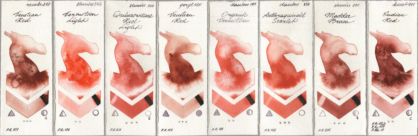 Royal Talens Rembrandt Watercolour 349 Venerian Red, Shminke Horadam Aquarell 342 Vermilion Light, 343 Quinacridone Red Light, Golden QOR 465 Venetian Red, Daniel Smith 064 Organic Vermilion, 224 Anthraquinoid Scarlet, 670 Madder Brown, Kuretake Gansai Tambi 071 Indian R watercolor swatch