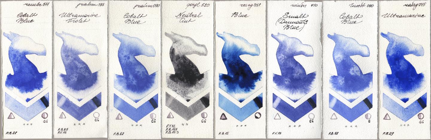 Royal Talens Rembrandt Watercolour 511 Cobalt Blue, M. Graham & Co. Artists 193 Ultramarine Violet, 090 Cobalt Blue, Golden QOR 520 Neutral Tint, Rosa Gallery 718 Blue, Winsor & Newton Professional 710 Smalt (Dumonts Blue), Holbein Artists Watercolor 090 Cobalt Blue, 715 Ultramari watercolor swatch