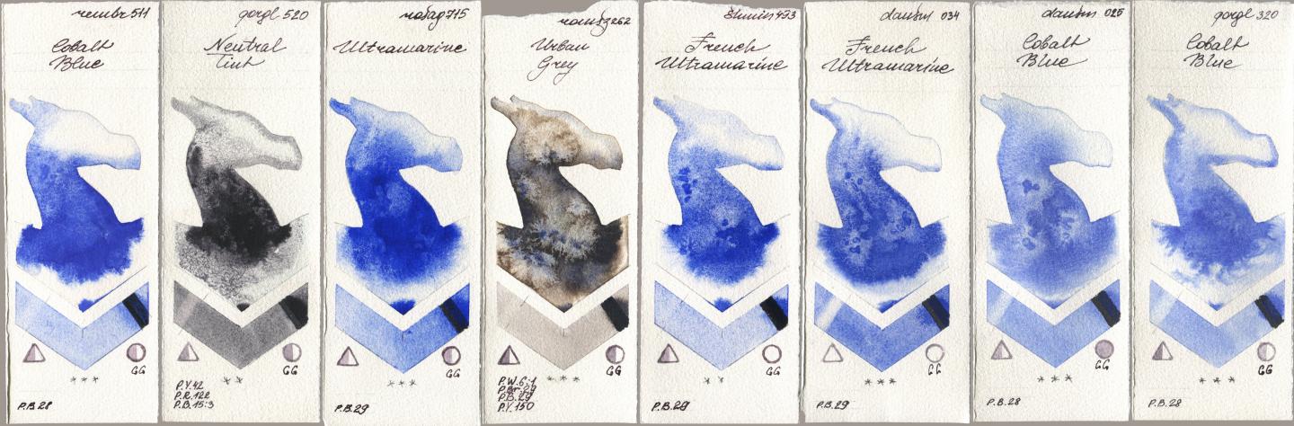 Royal Talens Rembrandt Watercolour 511 Cobalt Blue, Golden QOR 520 Neutral Tint, Rosa Gallery 715 Ultramarine, Roman Szmal Aquarius 262 Urban Grey, Shminke Horadam Aquarell 493 French Ultramarine, Daniel Smith 034 French Ultramarine, 025 Cobalt Blue, 320 Cobalt Bl watercolor swatch