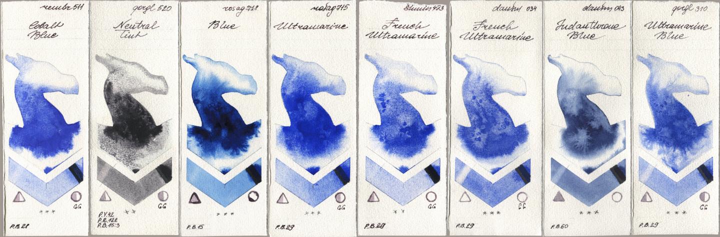 Royal Talens Rembrandt Watercolour 511 Cobalt Blue, Golden QOR 520 Neutral Tint, Rosa Gallery 718 Blue, 715 Ultramarine, Shminke Horadam Aquarell 493 French Ultramarine, Daniel Smith 034 French Ultramarine, 043 Indanthrone Blue, 310 Ultramarine Bl watercolor swatch