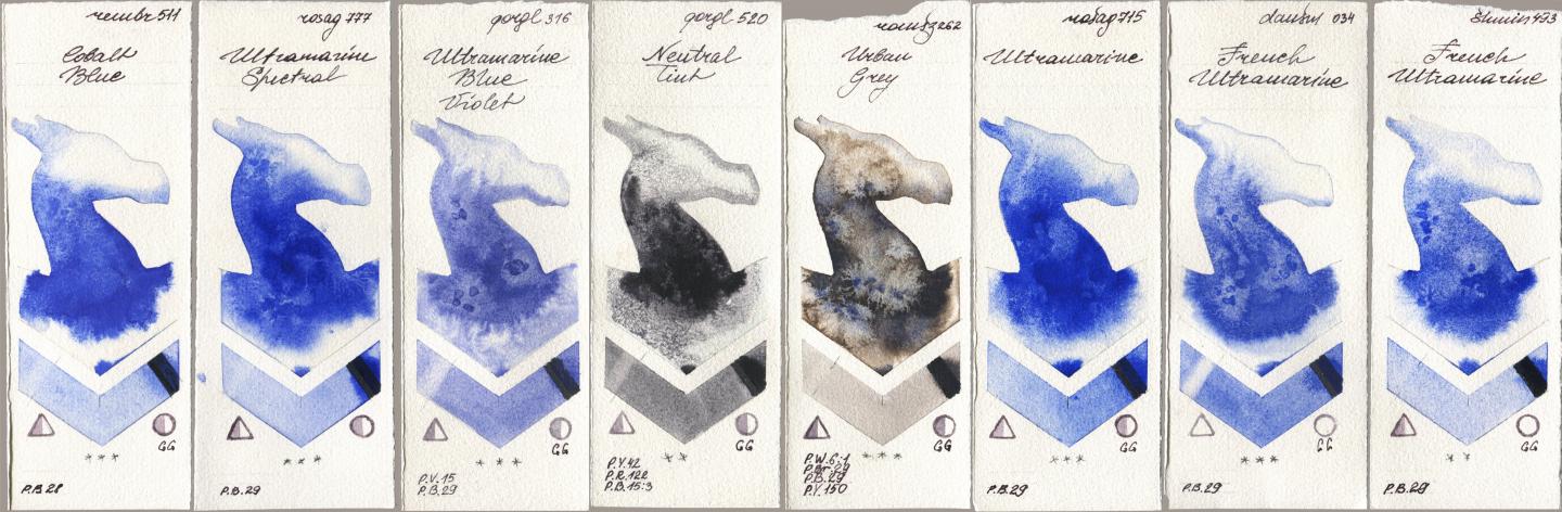 Royal Talens Rembrandt Watercolour 511 Cobalt Blue, Rosa Gallery 777 Ultramarine Spectral, Golden QOR 316 Ultramarine Blue Violet, 520 Neutral Tint, Roman Szmal Aquarius 262 Urban Grey, 715 Ultramarine, Daniel Smith 034 French Ultramarine, Shminke Horadam Aquarell 493 French Ultramari watercolor swatch