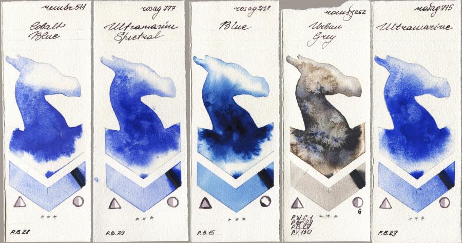 Royal Talens Rembrandt Watercolour 511 Cobalt Blue vs Rosa Gallery 777 Ultramarine Spectral vs 718 Blue vs Roman Szmal Aquarius 262 Urban Grey vs 715 Ultramarine watercolor swatch