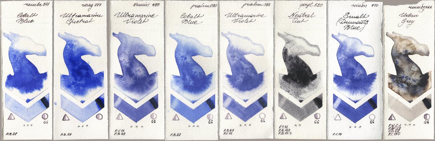 Royal Talens Rembrandt Watercolour 511 Cobalt Blue, Rosa Gallery 777 Ultramarine Spectral, Shminke Horadam Aquarell 495 Ultramarine Violet, M. Graham & Co. Artists 090 Cobalt Blue, 193 Ultramarine Violet, Golden QOR 520 Neutral Tint, Winsor & Newton Professional 710 Smalt (Dumonts Blue), Roman Szmal Aquarius 262 Urban Gr watercolor swatch