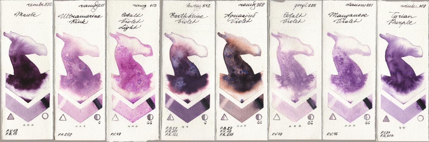 Royal Talens Rembrandt Watercolour 532 Mauve, Roman Szmal Aquarius 215 Ultramarine Pink, 403 Cobalt Violet Light, Holbein Artists Watercolor 542 Earthshine Violet, 369 Aquarius Violet, Golden QOR 285 Cobalt Violet, Daniel Smith 261 Manganese Violet, Winsor & Newton Professional 419 Tyrian Purp watercolor swatch
