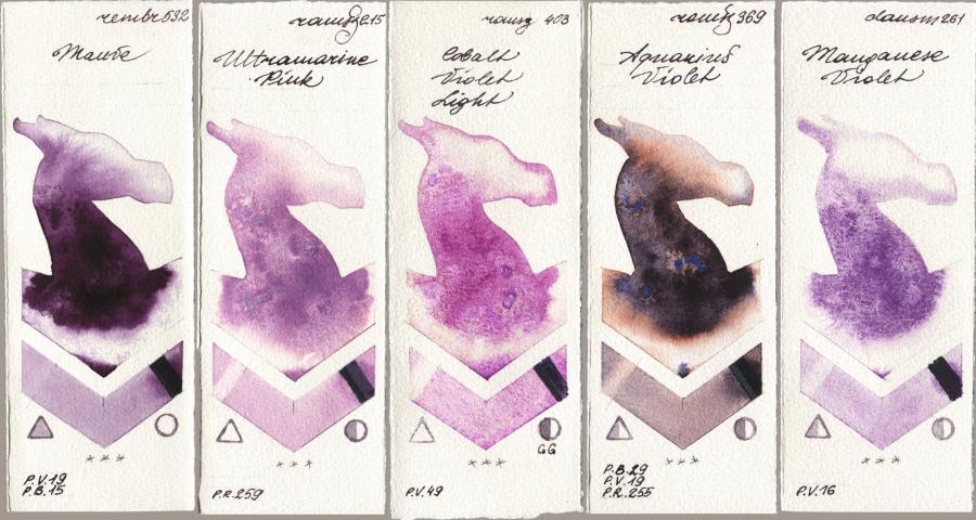 Royal Talens Rembrandt Watercolour 532 Mauve vs Roman Szmal Aquarius 215 Ultramarine Pink vs 403 Cobalt Violet Light vs 369 Aquarius Violet vs Daniel Smith 261 Manganese Violet watercolor swatch
