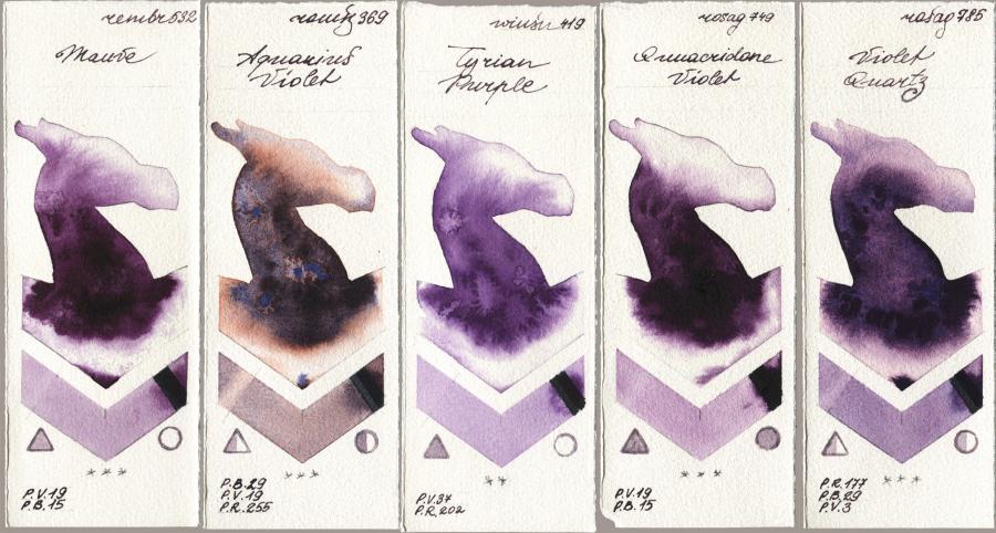 Royal Talens Rembrandt Watercolour 532 Mauve vs Roman Szmal Aquarius 369 Aquarius Violet vs Winsor & Newton Professional 419 Tyrian Purple vs Rosa Gallery 749 Quinacridone Violet vs 785 Violet Quartz watercolor swatch