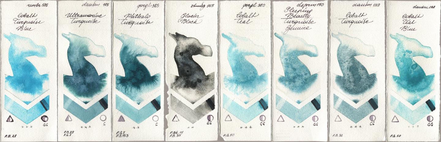 Royal Talens Rembrandt Watercolour 586 Cobalt Turquoise Blue, Daniel Smith 105 Ultramarine Turquoise, Golden QOR 365 Phthalo Turquoise, Shminke Horadam Aquarell 965 Glacier Black, 360 Cobalt Teal, 150 Sleeping Beauty Turquoise Genuine, 029 Cobalt Turquoise, 028 Cobalt Teal Bl watercolor swatch