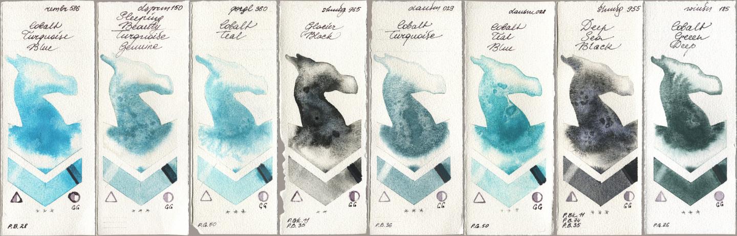 Royal Talens Rembrandt Watercolour 586 Cobalt Turquoise Blue, Daniel Smith 150 Sleeping Beauty Turquoise Genuine, Golden QOR 360 Cobalt Teal, Shminke Horadam Aquarell 965 Glacier Black, 029 Cobalt Turquoise, 028 Cobalt Teal Blue, 955 Deep Sea Black, Winsor & Newton Professional 185 Cobalt Green De watercolor swatch