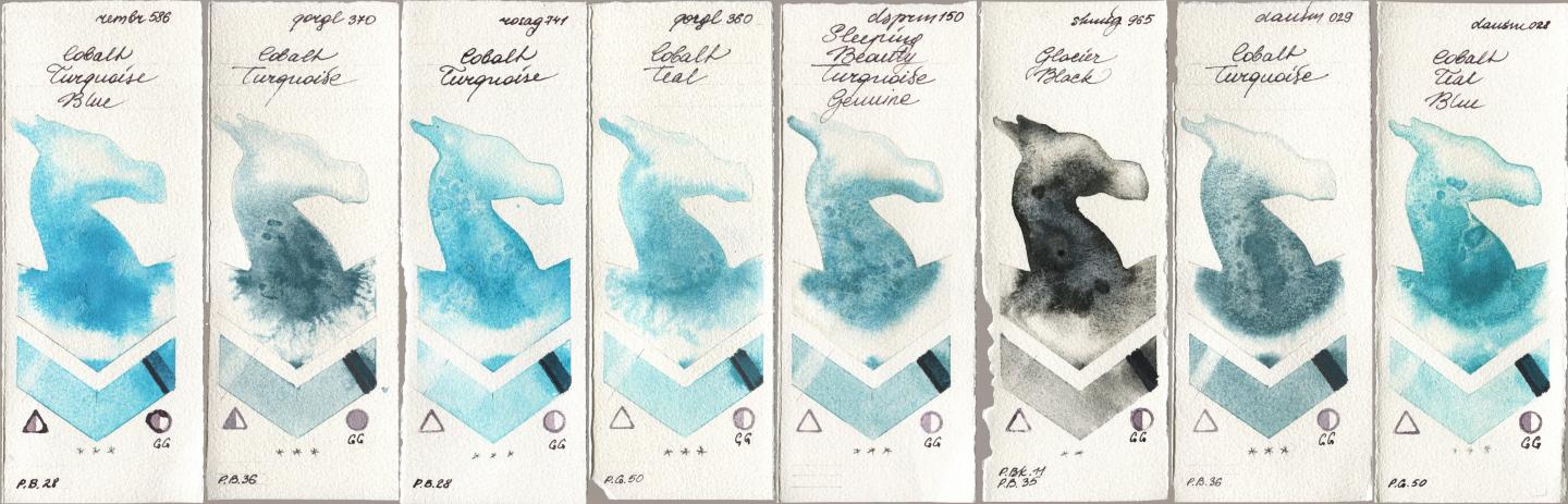 Royal Talens Rembrandt Watercolour 586 Cobalt Turquoise Blue, Golden QOR 370 Cobalt Turquoise, Rosa Gallery 741 Cobalt Turquoise, 360 Cobalt Teal, Daniel Smith 150 Sleeping Beauty Turquoise Genuine, Shminke Horadam Aquarell 965 Glacier Black, 029 Cobalt Turquoise, 028 Cobalt Teal Bl watercolor swatch