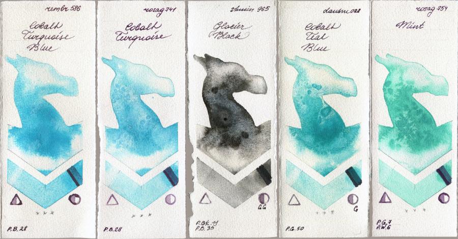 Royal Talens Rembrandt Watercolour 586 Cobalt Turquoise Blue vs Rosa Gallery 741 Cobalt Turquoise vs Shminke Horadam Aquarell 965 Glacier Black vs Daniel Smith 028 Cobalt Teal Blue vs 754 Mint watercolor swatch