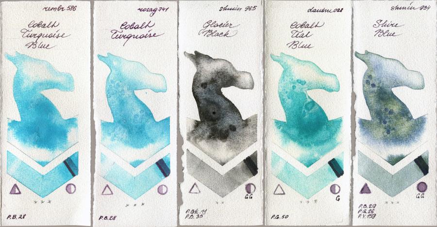 Royal Talens Rembrandt Watercolour 586 Cobalt Turquoise Blue vs Rosa Gallery 741 Cobalt Turquoise vs Shminke Horadam Aquarell 965 Glacier Black vs Daniel Smith 028 Cobalt Teal Blue vs 934 Shire Blue watercolor swatch