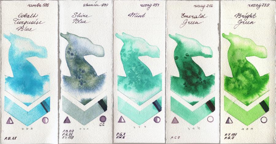 Royal Talens Rembrandt Watercolour 586 Cobalt Turquoise Blue vs Shminke Horadam Aquarell 934 Shire Blue vs Rosa Gallery 754 Mint vs 712 Emerald Green vs 739 Bright Green watercolor swatch