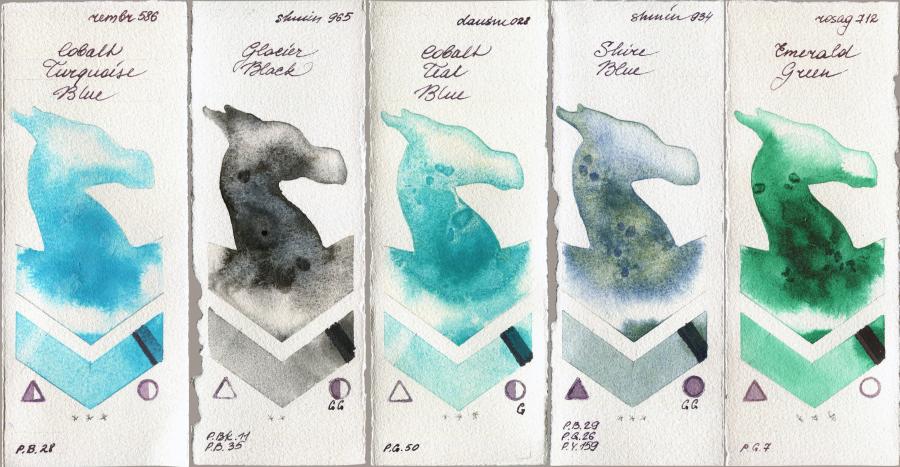 Royal Talens Rembrandt Watercolour 586 Cobalt Turquoise Blue vs Shminke Horadam Aquarell 965 Glacier Black vs Daniel Smith 028 Cobalt Teal Blue vs 934 Shire Blue vs Rosa Gallery 712 Emerald Green watercolor swatch