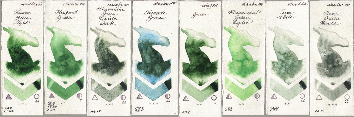 Royal Talens Rembrandt Watercolour 644 Hooker Green Light, Daniel Smith 042 Hookers Green, Roman Szmal Aquarius 270 Chromium Green Oxide Dark, 142 Cascade Green, Rosa Gallery 711 Green, 067 Permanent Green Light, Shinhan PWC 592 Terre Verte, 181 Rare Green Ear watercolor swatch