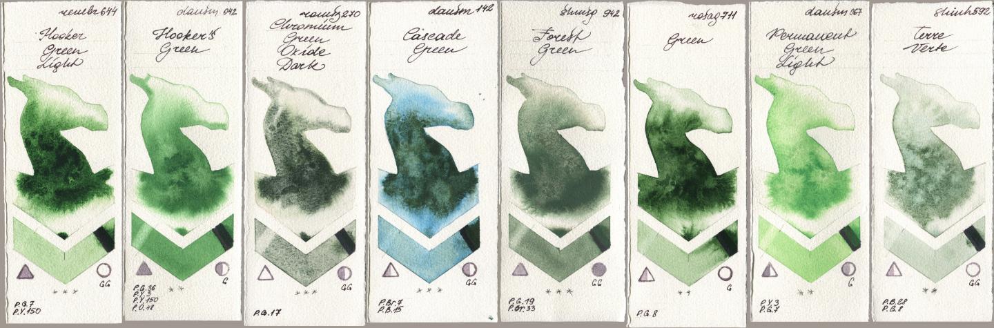 Royal Talens Rembrandt Watercolour 644 Hooker Green Light, Daniel Smith 042 Hookers Green, Roman Szmal Aquarius 270 Chromium Green Oxide Dark, 142 Cascade Green, Shminke Horadam Aquarell 942 Forest Green, Rosa Gallery 711 Green, 067 Permanent Green Light, Shinhan PWC 592 Terre Ver watercolor swatch
