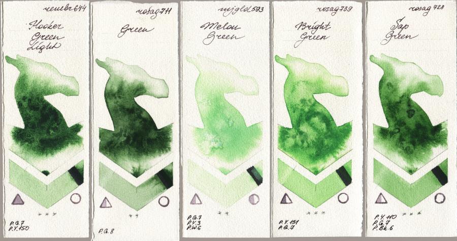 Royal Talens Rembrandt Watercolour 644 Hooker Green Light vs Rosa Gallery 711 Green vs Mijello Mission Gold 593 Melon Green vs 739 Bright Green vs 728 Sap Green watercolor swatch