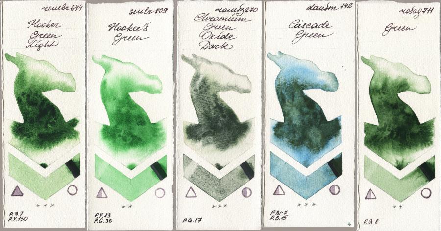 Royal Talens Rembrandt Watercolour 644 Hooker Green Light vs Sennelier l Aquarelle 809 Hookers Green vs Roman Szmal Aquarius 270 Chromium Green Oxide Dark vs Daniel Smith 142 Cascade Green vs Rosa Gallery 711 Green watercolor swatch