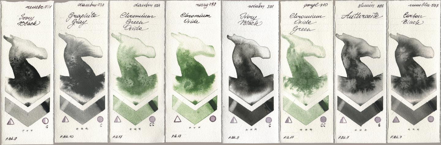 Royal Talens Rembrandt Watercolour 701 Ivory Black, Daniel Smith 038 Graphite Gray, 024 Chromium Green Oxide, Rosa Gallery 743 Chromium Oxide, Winsor & Newton Professional 331 Ivory Black, Golden QOR 410 Chromium Oxide Green, Shminke Horadam Aquarell 786 Anthracite, Maimeri Blu 537 Carbon Bla watercolor swatch