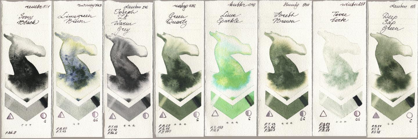 Royal Talens Rembrandt Watercolour 701 Ivory Black, Rockwell 143 Limugreen Brown, Daniel Smith 246 Joseph Zs Warm Grey, Rosa Gallery 786 Green Quartz, Kusakabe 016 Lime Sparkle, Shminke Horadam Aquarell 944 Forest Brown, Winsor & Newton Professional 637 Terre Verte, 175 Deep Sap Gre watercolor swatch