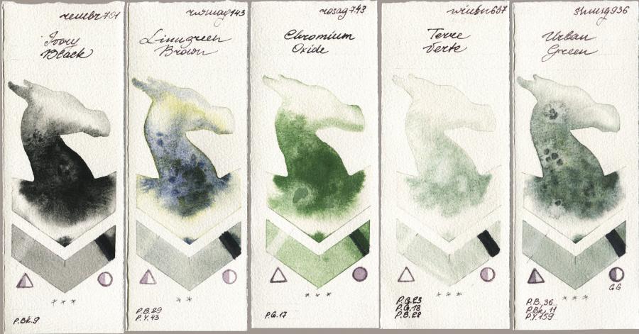 Royal Talens Rembrandt Watercolour 701 Ivory Black vs Rockwell 143 Limugreen Brown vs Rosa Gallery 743 Chromium Oxide vs Winsor & Newton Professional 637 Terre Verte vs Shminke Horadam Aquarell 936 Urban Green watercolor swatch