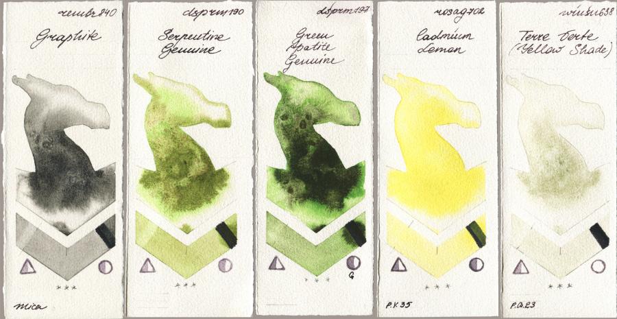 Royal Talens Rembrandt Watercolour 840 Graphite vs Daniel Smith 190 Serpentine Genuine vs 197 Green Apatite Genuine vs Rosa Gallery 702 Cadmium Lemon vs Winsor & Newton Professional 638 Terre Verte (Yellow Shade) watercolor swatch