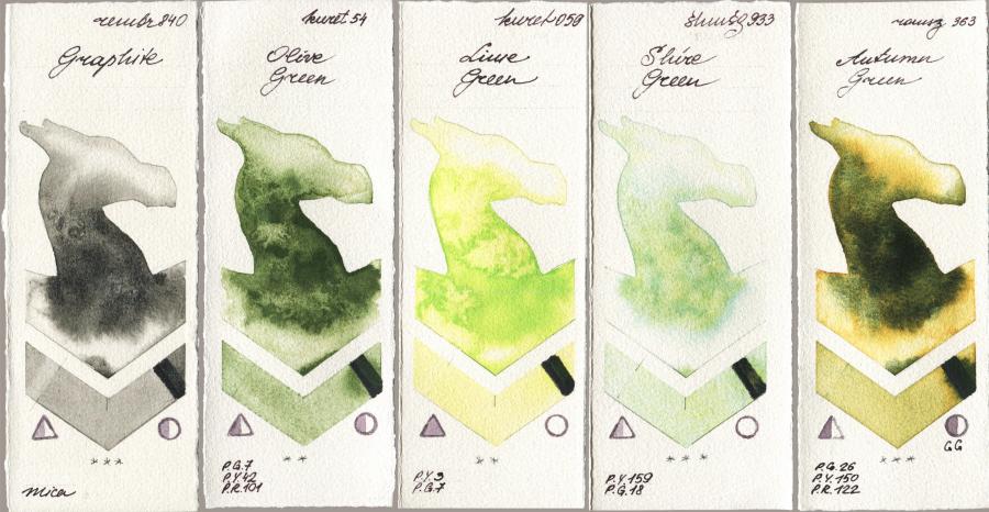 Royal Talens Rembrandt Watercolour 840 Graphite vs Kuretake Gansai Tambi 054 Olive Green vs 059 Lime Green vs Shminke Horadam Aquarell 933 Shire Green vs Roman Szmal Aquarius 363 Autumn Green watercolor swatch