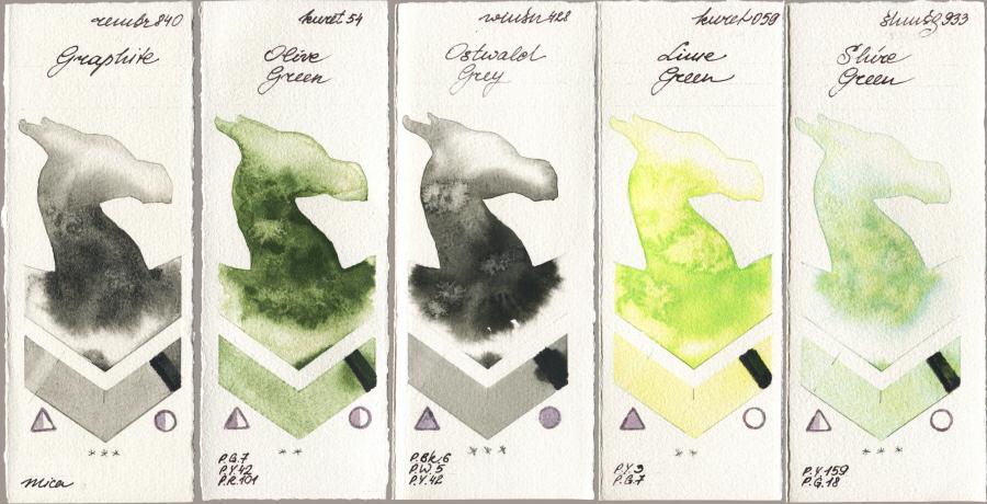 Royal Talens Rembrandt Watercolour 840 Graphite vs Kuretake Gansai Tambi 054 Olive Green vs Winsor & Newton Professional 428 Ostwald Grey vs 059 Lime Green vs Shminke Horadam Aquarell 933 Shire Green watercolor swatch