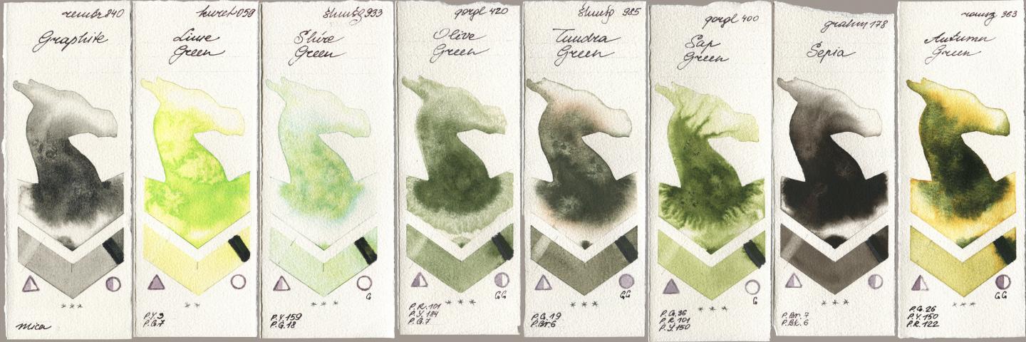 Royal Talens Rembrandt Watercolour 840 Graphite, Kuretake Gansai Tambi 059 Lime Green, Shminke Horadam Aquarell 933 Shire Green, Golden QOR 420 Olive Green, 985 Tundra Green, 400 Sap Green, M. Graham & Co. Artists 178 Sepia, Roman Szmal Aquarius 363 Autumn Gre watercolor swatch