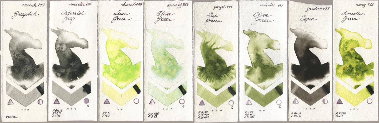 Royal Talens Rembrandt Watercolour 840 Graphite, Winsor & Newton Professional 428 Ostwald Grey, Kuretake Gansai Tambi 059 Lime Green, Shminke Horadam Aquarell 933 Shire Green, Golden QOR 400 Sap Green, 447 Olive Green, M. Graham & Co. Artists 178 Sepia, Rosa Gallery 755 Aureoline Gre watercolor swatch