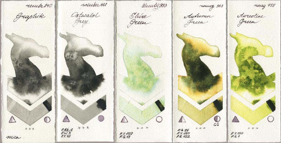 Royal Talens Rembrandt Watercolour 840 Graphite vs Winsor & Newton Professional 428 Ostwald Grey vs Shminke Horadam Aquarell 933 Shire Green vs Roman Szmal Aquarius 363 Autumn Green vs Rosa Gallery 755 Aureoline Green watercolor swatch