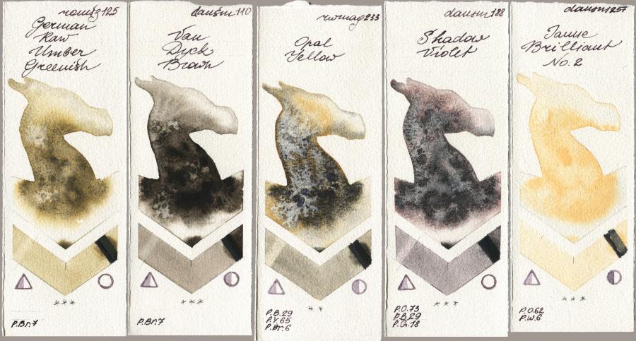 Roman Szmal Aquarius 125 German Raw Umber Greenish vs Daniel Smith 110 Van Dyck Brown vs Rockwell 233 Opal Yellow vs 188 Shadow Violet vs 257 Jaune Brilliant No 2 watercolor swatch