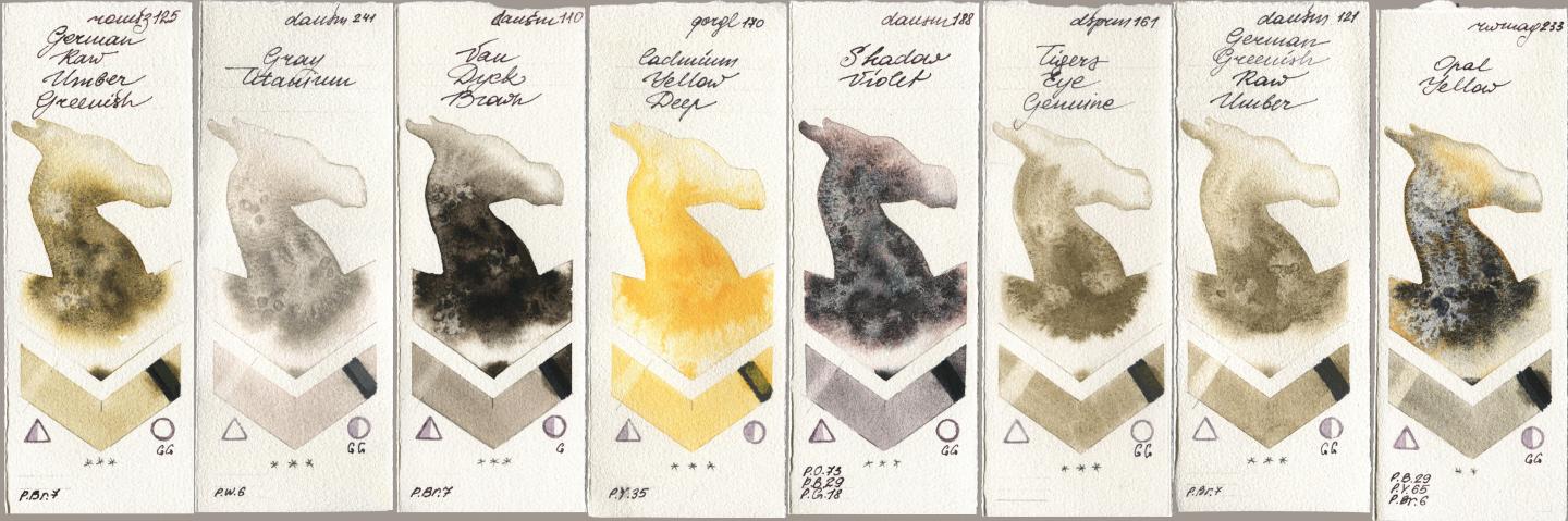 Roman Szmal Aquarius 125 German Raw Umber Greenish, Daniel Smith 241 Gray Titanium, 110 Van Dyck Brown, Golden QOR 170 Cadmium Yellow Deep, 188 Shadow Violet, 161 Tigers Eye Genuine, 121 German Greenish Raw Umber, Rockwell 233 Opal Yell watercolor swatch