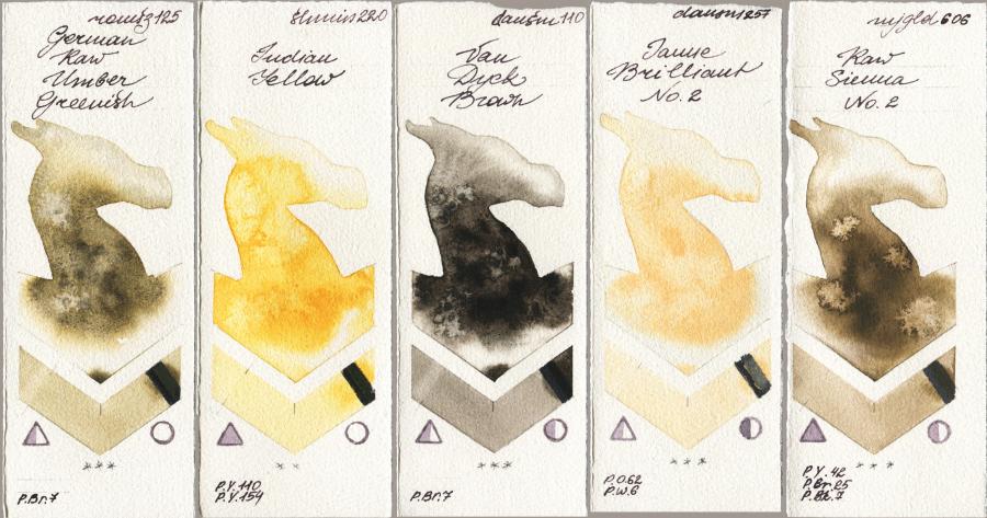 Roman Szmal Aquarius 125 German Raw Umber Greenish vs Shminke Horadam Aquarell 220 Indian Yellow vs Daniel Smith 110 Van Dyck Brown vs 257 Jaune Brilliant No 2 vs Mijello Mission Gold 606 Raw Sienna No 2 watercolor swatch