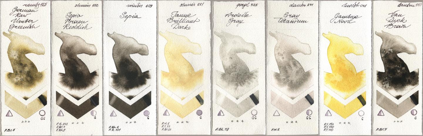 Roman Szmal Aquarius 125 German Raw Umber Greenish, Shminke Horadam Aquarell 662 Sepia Brown Reddish, Winsor & Newton Professional 609 Sepia, 221 Brilliant Yellow Dark (Jaune Brilliant Dark), Golden QOR 525 Ardoise Gray, Daniel Smith 241 Gray Titanium, Holbein Artists Watercolor 048 Gamboge Nova, 110 Van Dyck Bro watercolor swatch
