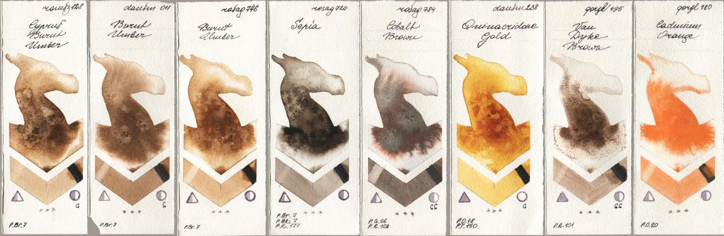 Roman Szmal Aquarius 128 Cyprus Burnt Umber, Daniel Smith 011 Burnt Umber, Rosa Gallery 746 Burnt Umber, 720 Sepia, 784 Cobalt Brown, 238 Quinacridone Gold, Golden QOR 495 Van Dyke Brown, 180 Cadmium Oran watercolor swatch