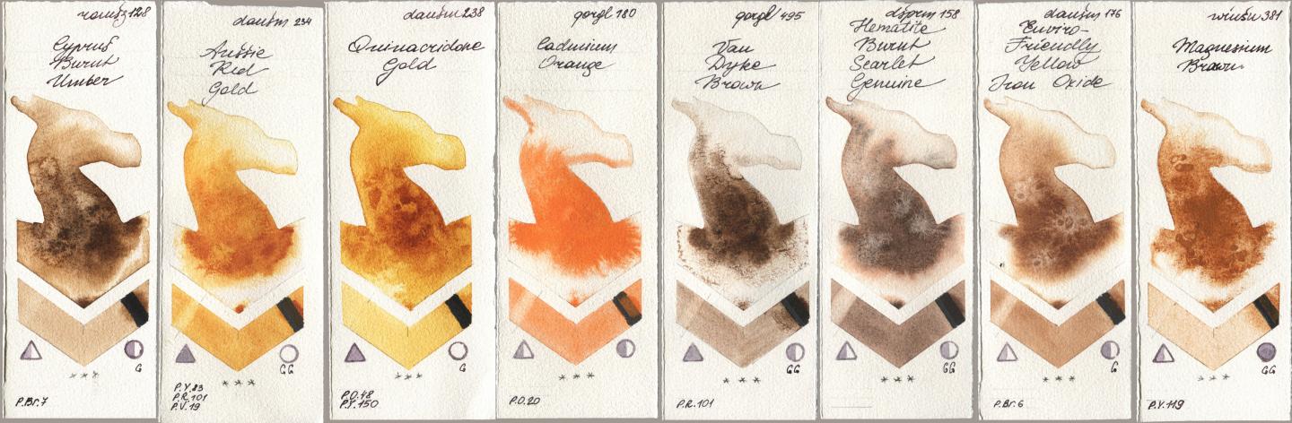 Roman Szmal Aquarius 128 Cyprus Burnt Umber, Daniel Smith 234 Aussie Red Gold, 238 Quinacridone Gold, Golden QOR 180 Cadmium Orange, 495 Van Dyke Brown, 158 Hematite Burnt Scarlet Genuine, 176 Enviro-Friendly Yellow Iron Oxide, Winsor & Newton Professional 381 Magnesuim Bro watercolor swatch