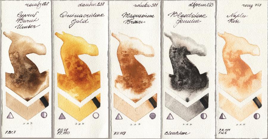 Roman Szmal Aquarius 128 Cyprus Burnt Umber vs Daniel Smith 238 Quinacridone Gold vs Winsor & Newton Professional 381 Magnesuim Brown vs 193 Bloodstone Genuine vs Rosa Gallery 748 Naples Rose watercolor swatch