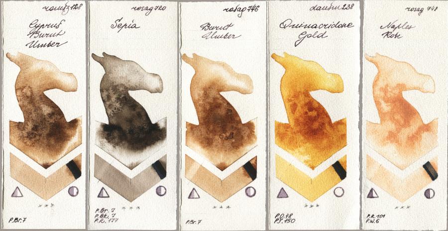 Roman Szmal Aquarius 128 Cyprus Burnt Umber vs Rosa Gallery 720 Sepia vs 746 Burnt Umber vs Daniel Smith 238 Quinacridone Gold vs 748 Naples Rose watercolor swatch