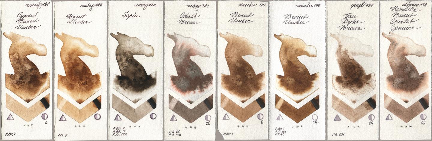 Roman Szmal Aquarius 128 Cyprus Burnt Umber, Rosa Gallery 746 Burnt Umber, 720 Sepia, 784 Cobalt Brown, Daniel Smith 011 Burnt Umber, Winsor & Newton Professional 076 Burnt Umber, Golden QOR 495 Van Dyke Brown, 158 Hematite Burnt Scarlet Genui watercolor swatch