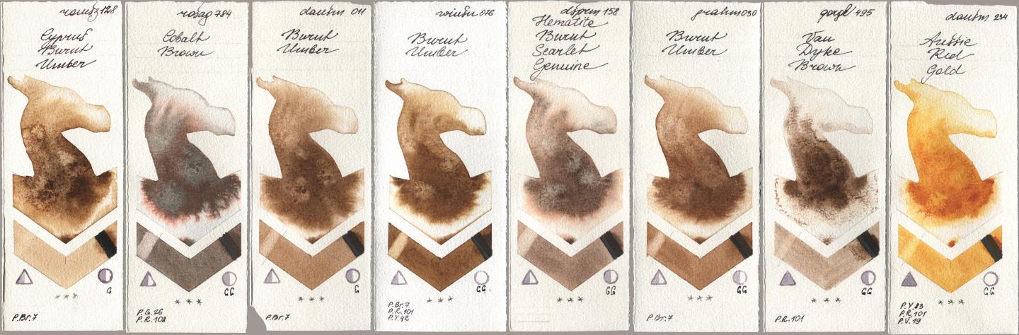 Roman Szmal Aquarius 128 Cyprus Burnt Umber, Rosa Gallery 784 Cobalt Brown, Daniel Smith 011 Burnt Umber, Winsor & Newton Professional 076 Burnt Umber, 158 Hematite Burnt Scarlet Genuine, M. Graham & Co. Artists 030 Burnt Umber, Golden QOR 495 Van Dyke Brown, 234 Aussie Red Go watercolor swatch