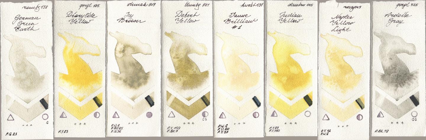 Roman Szmal Aquarius 138 German Green Earth, Golden QOR 175 Diarylide Yellow, Shminke Akademie Aquarell 917 Icy Brown, Shminke Horadam Aquarell 921 Desert Yellow, Holbein Artists Watercolor 031 Jaune Brilliant No 1, Daniel Smith 045 Indian Yellow, Rosa Gallery 745 Naples Yellow Light, 525 Ardoise Gr watercolor swatch