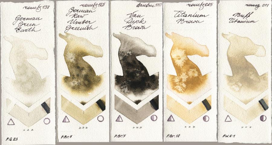 Roman Szmal Aquarius 138 German Green Earth vs 125 German Raw Umber Greenish vs Daniel Smith 110 Van Dyck Brown vs 265 Titanium Brown vs 201 Buff Titanium watercolor swatch