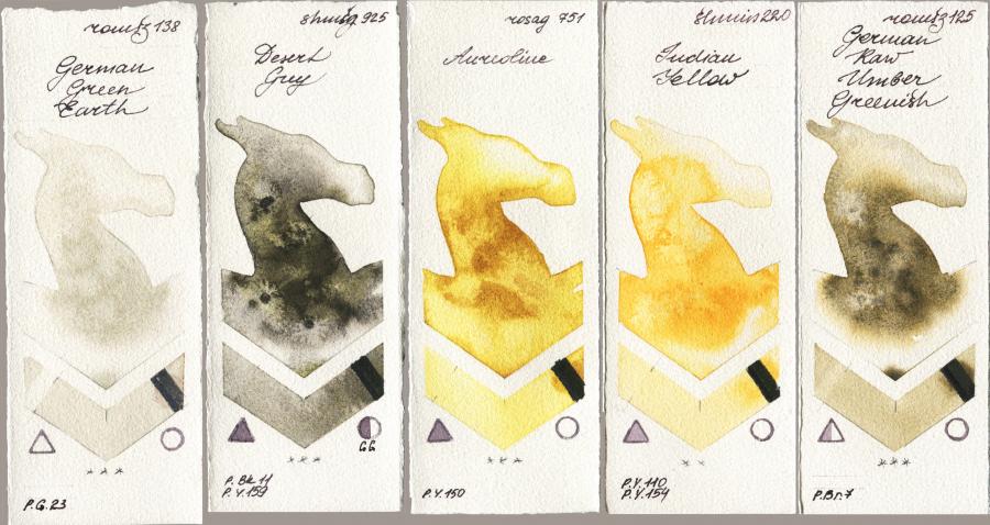 Roman Szmal Aquarius 138 German Green Earth vs Shminke Horadam Aquarell 925 Desert Grey vs Rosa Gallery 751 Aureoline vs 220 Indian Yellow vs 125 German Raw Umber Greenish watercolor swatch