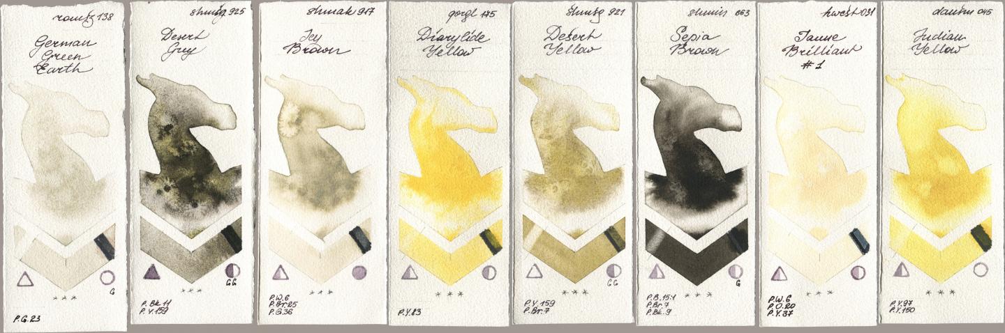 Roman Szmal Aquarius 138 German Green Earth, Shminke Horadam Aquarell 925 Desert Grey, Shminke Akademie Aquarell 917 Icy Brown, Golden QOR 175 Diarylide Yellow, 921 Desert Yellow, 663 Sepia Brown, Holbein Artists Watercolor 031 Jaune Brilliant No 1, Daniel Smith 045 Indian Yell watercolor swatch
