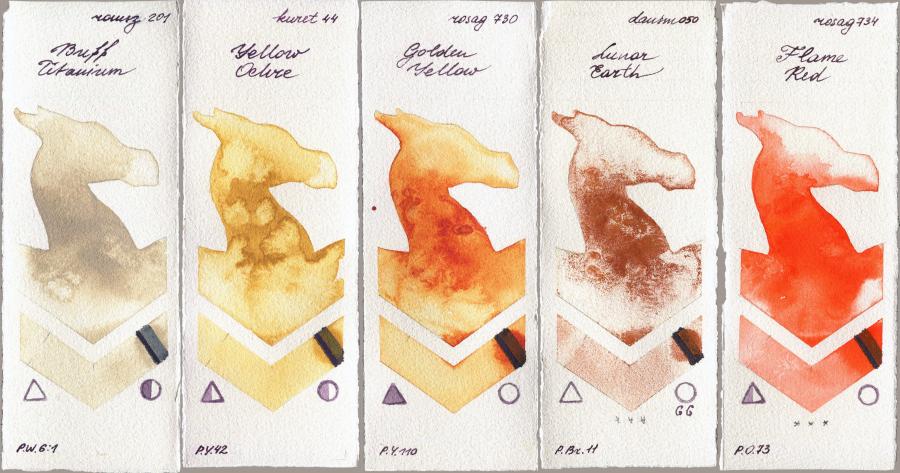 Roman Szmal Aquarius 201 Buff Titanium vs Kuretake Gansai Tambi 44 Yellow Ochre vs Rosa Gallery 730 Golden Yellow vs Daniel Smith 050 Lunar Earth vs 734 Flame Red watercolor swatch