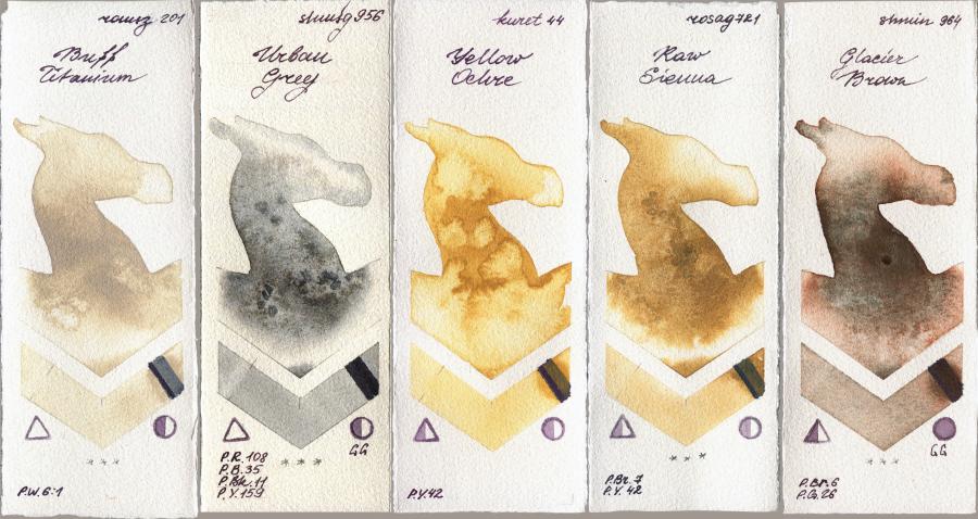 Roman Szmal Aquarius 201 Buff Titanium vs Shminke Horadam Aquarell 956 Urban Grey vs Kuretake Gansai Tambi 44 Yellow Ochre vs Rosa Gallery 721 Raw Sienna vs 964 Glacier Brown watercolor swatch
