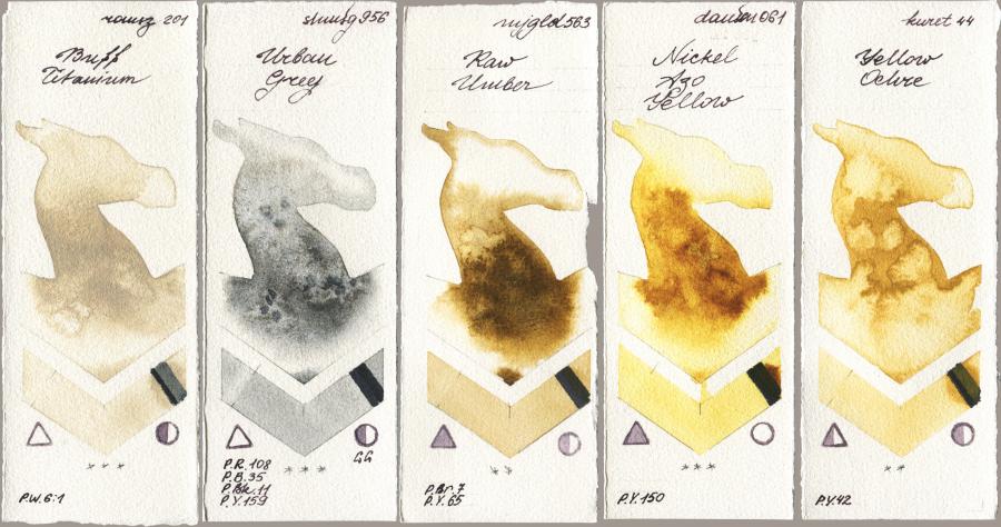 Roman Szmal Aquarius 201 Buff Titanium vs Shminke Horadam Aquarell 956 Urban Grey vs Mijello Mission Gold 563 Raw Umber vs Daniel Smith 061 Nickel Azo Yellow vs Kuretake Gansai Tambi 044 Yellow Ochre watercolor swatch
